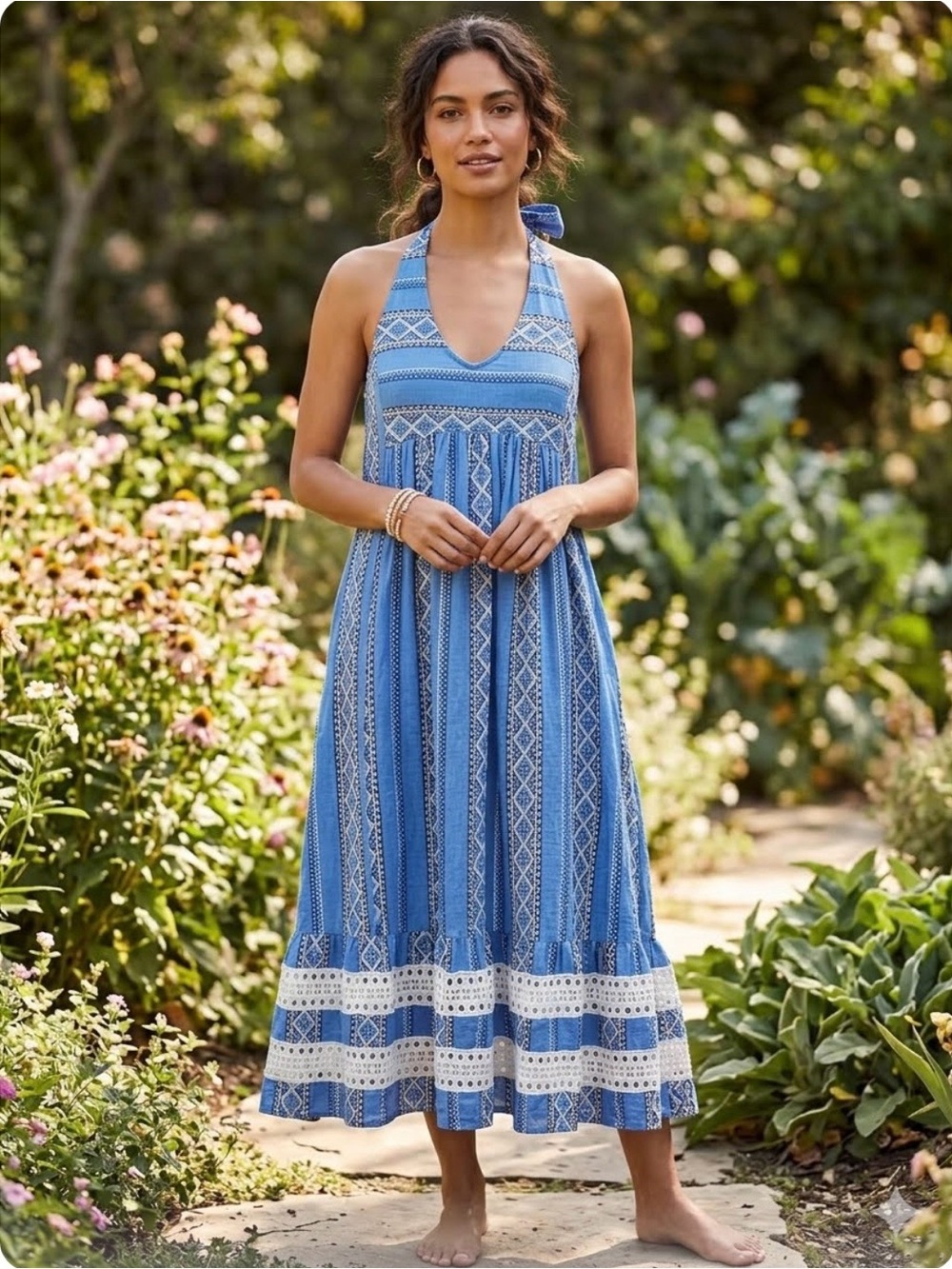 Blue Halter Maxi Dress with Lace Banding
